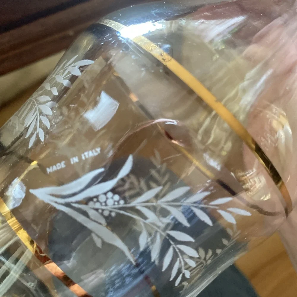 Vtg Gold Rimmed Stampi Francolini Holly Etched Glass Decanter Made in Italy